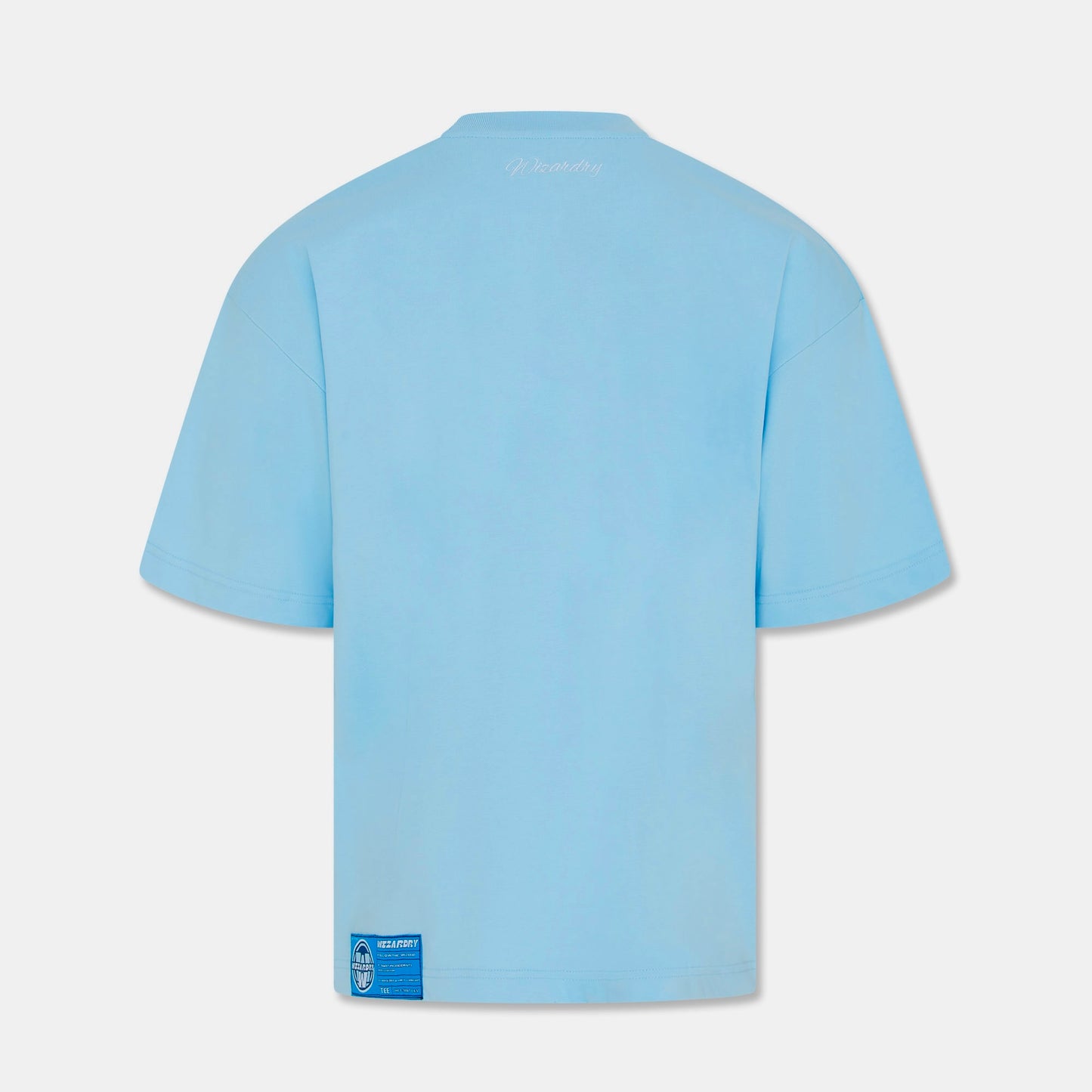 Wizardry After Party oversized heavyweight baby blue graphic T-shirt with italic ‘Wizardry’ neck embroidery and blue woven label