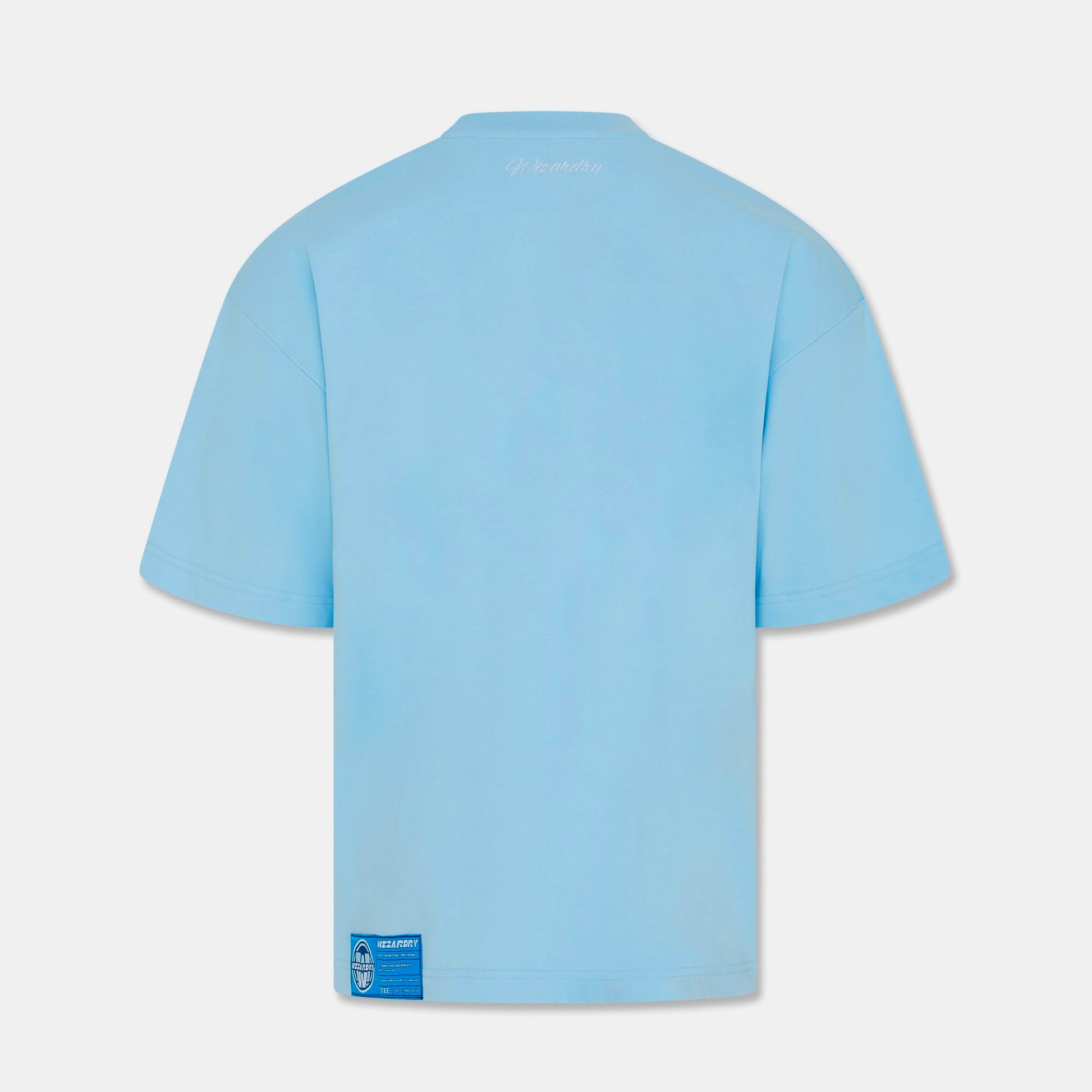 Wizardry After Party oversized heavyweight baby blue graphic T-shirt with italic ‘Wizardry’ neck embroidery and blue woven label