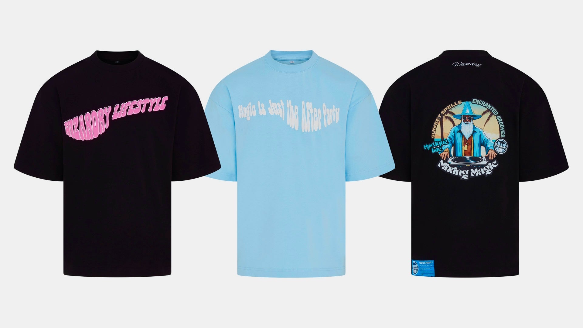 Three Wizardry oversized heavyweight T-Shirts with different graphic print designs