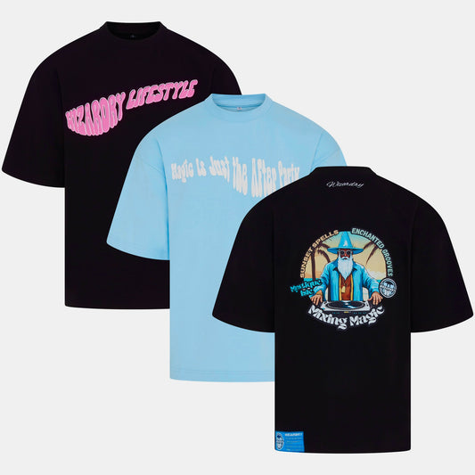 Three Wizardry oversized heavyweight T-Shirts with different graphic print designs