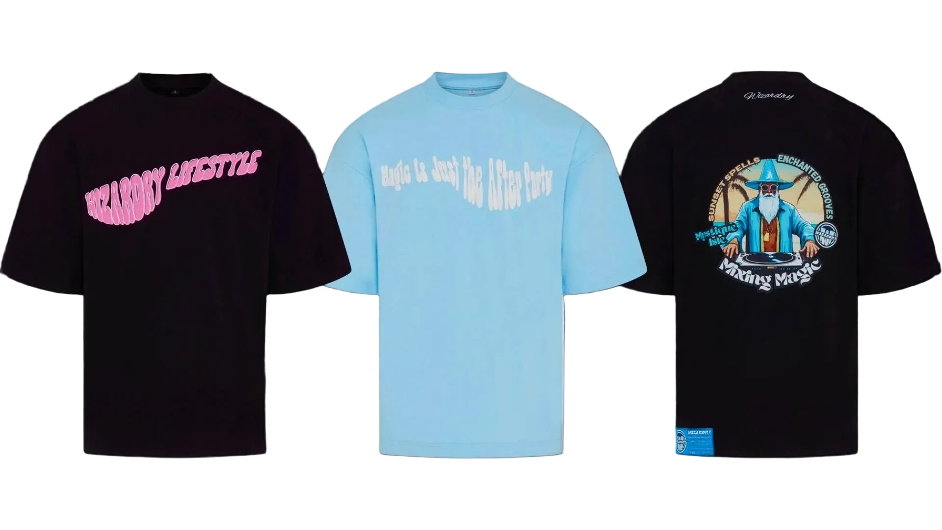 Three Wizardry oversized heavyweight T-shirts including Lifestyle, After Party and Mixing Magic designs with different graphic print designs