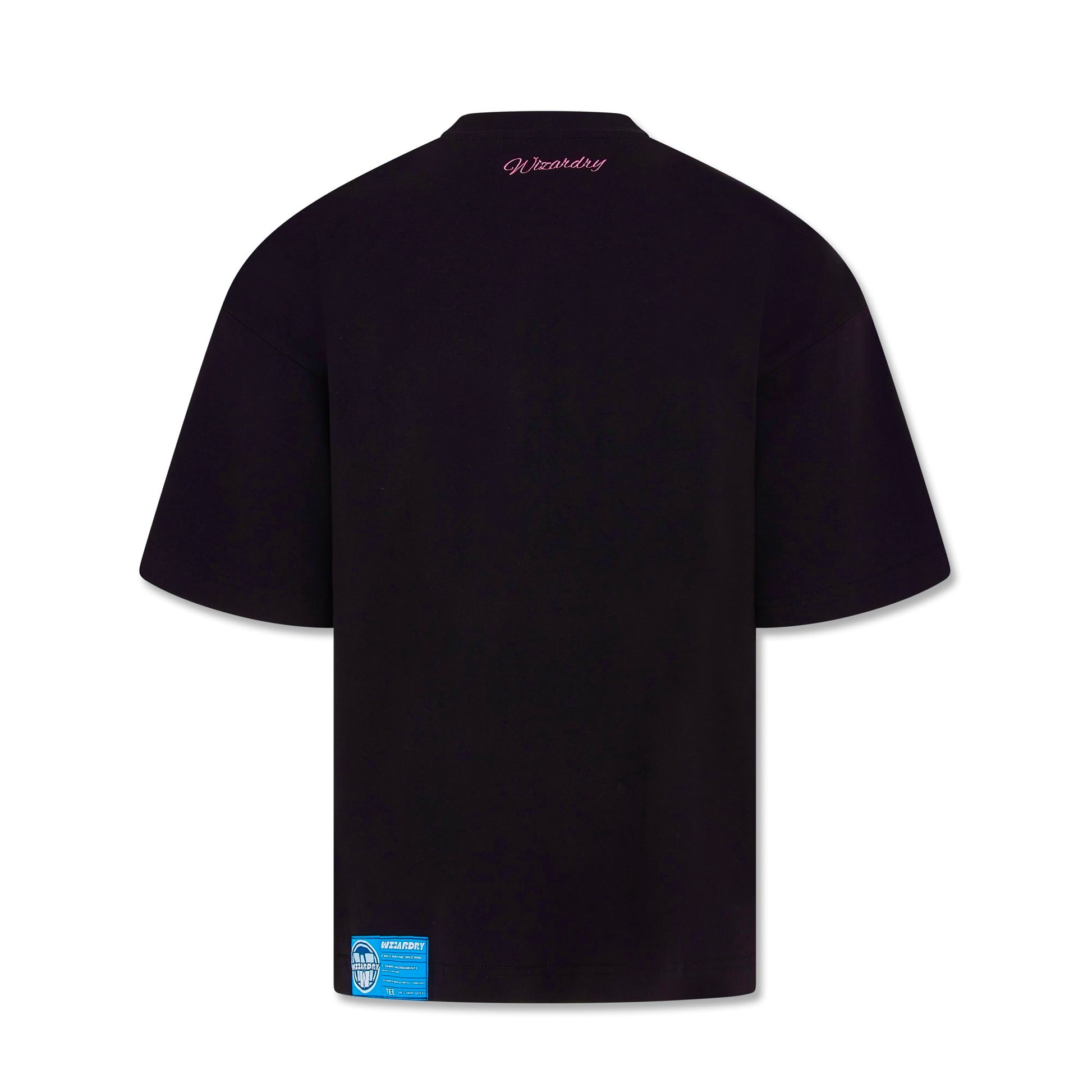 Wizardry Lifestyle oversized heavyweight black graphic T-shirt with italic ‘Wizardry’ neck embroidery and blue woven label