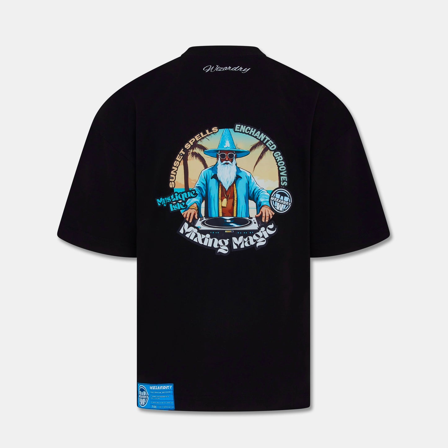 Wizardry Mixing Magic oversized heavyweight black graphic T-shirt with DJ wizard back print, neck embroidery and blue woven label