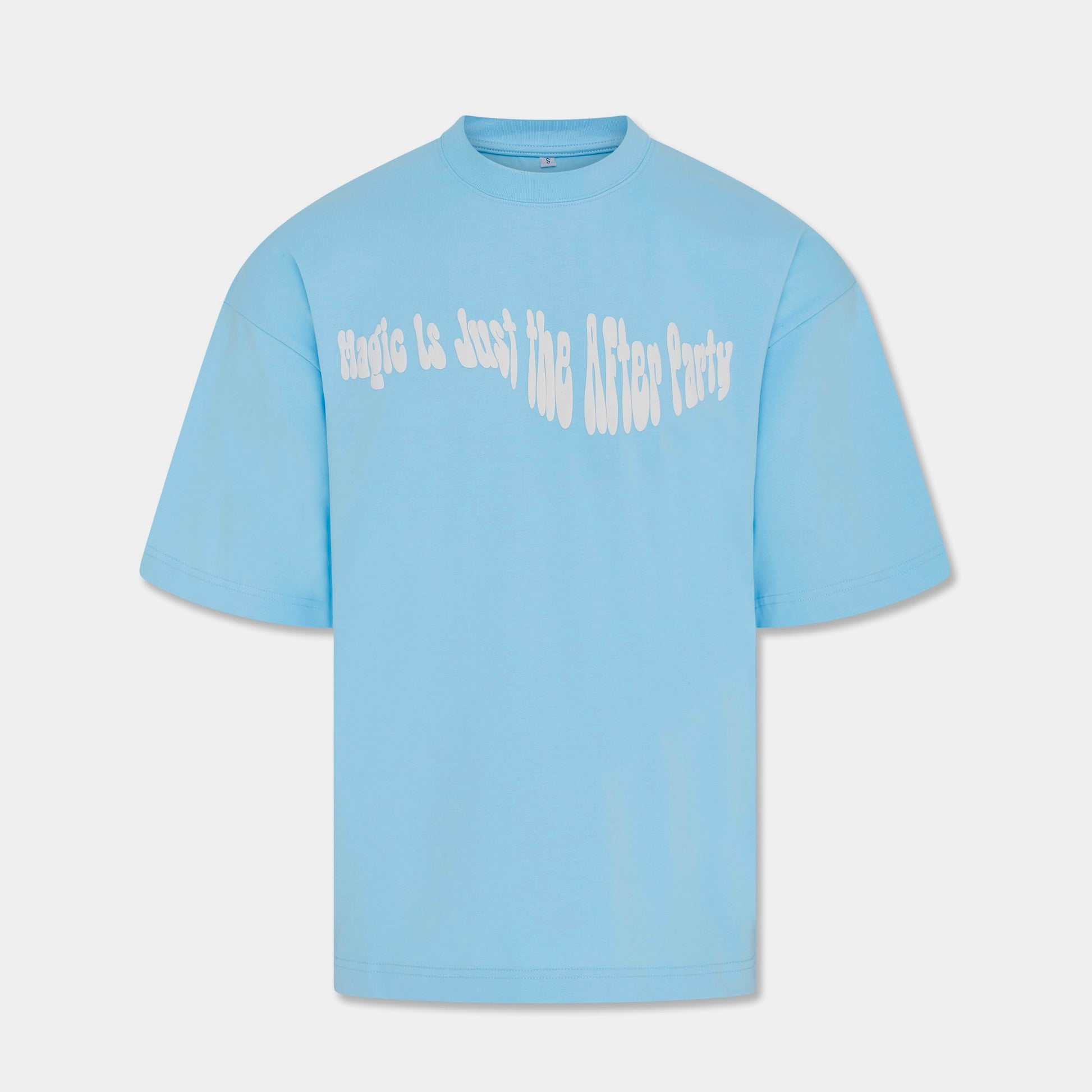Oversized heavyweight baby blue T-Shirt with 3D white text graphic ‘Magic Is Just the After Party’