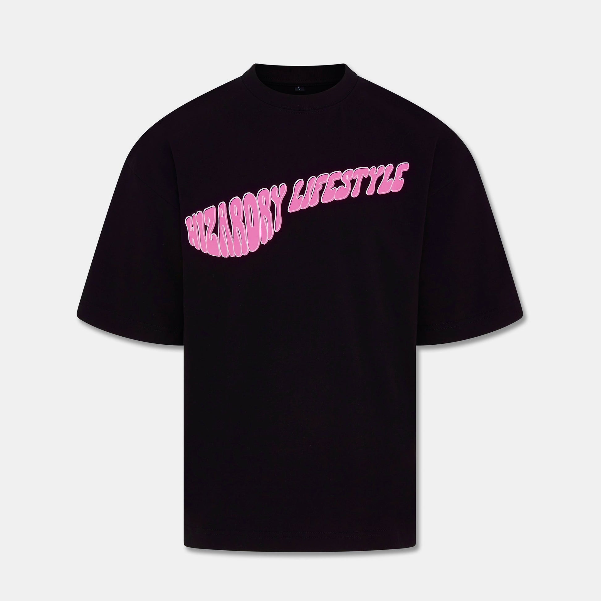Oversized heavyweight black T-Shirt with 3D baby pink with white outline graphic ‘WIZARDRY LIFESTYLE’