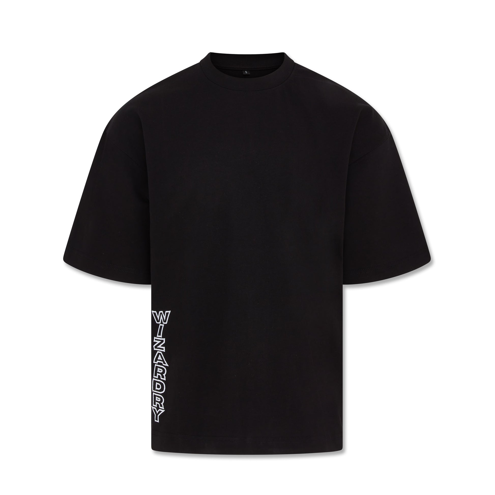 Oversized black T-Shirt with ‘WIZARDRY’ black infill and white outline patch embroidery